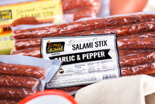 Load image into Gallery viewer, Garlic & Pepper salami stix close up.