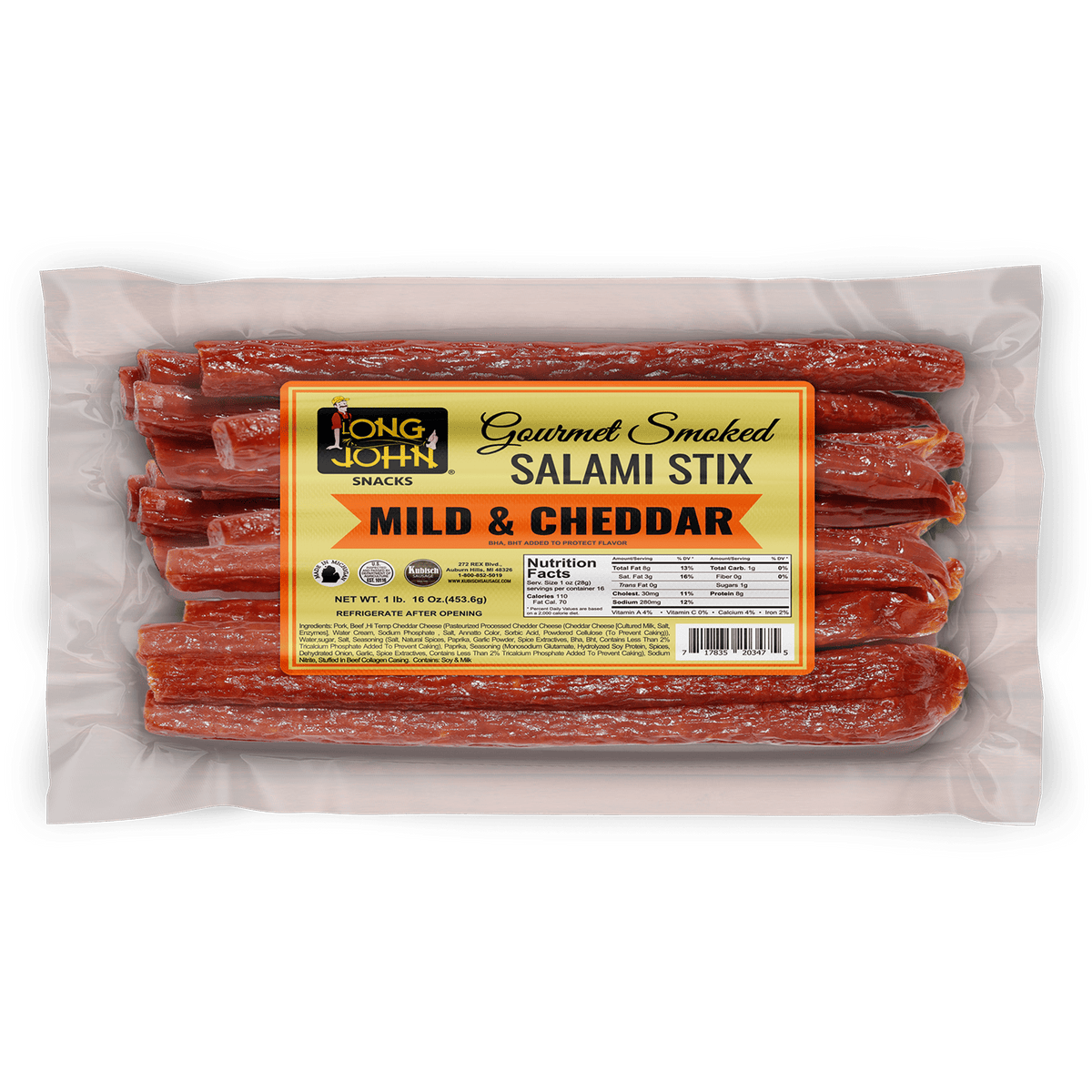 Mild & Cheddar Dried Salami Sticks 1lb Long John Snacks