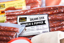 Load image into Gallery viewer, Garlic &amp; Pepper salami stix close up.

