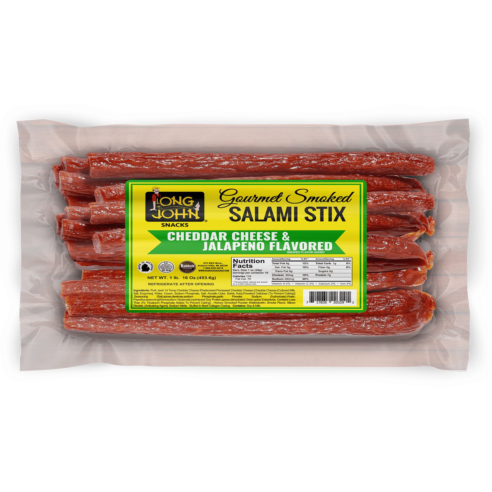 Long John Cheddar Cheese & Jalapeno Salami Stix front of package.
