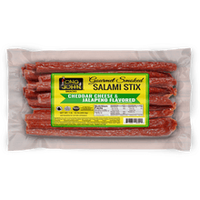 Load image into Gallery viewer, Long John Cheddar Cheese &amp; Jalapeno Salami Stix front of package.
