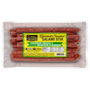 Long John Cheddar Cheese & Jalapeno Salami Stix front of package.