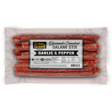 Load image into Gallery viewer, Long John Garlic &amp; Pepper Salami Stix front of package.
