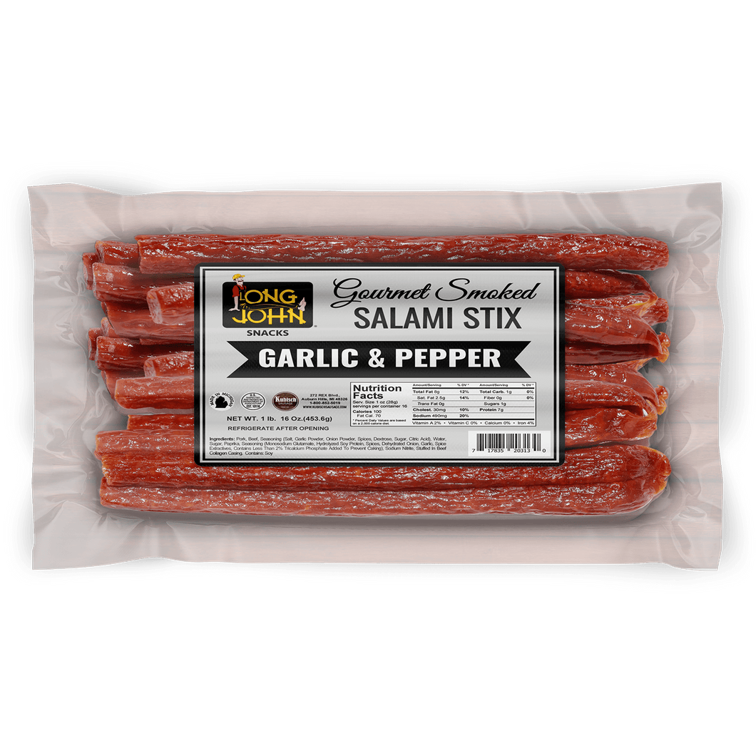 Long John Garlic & Pepper Salami Stix front of package.