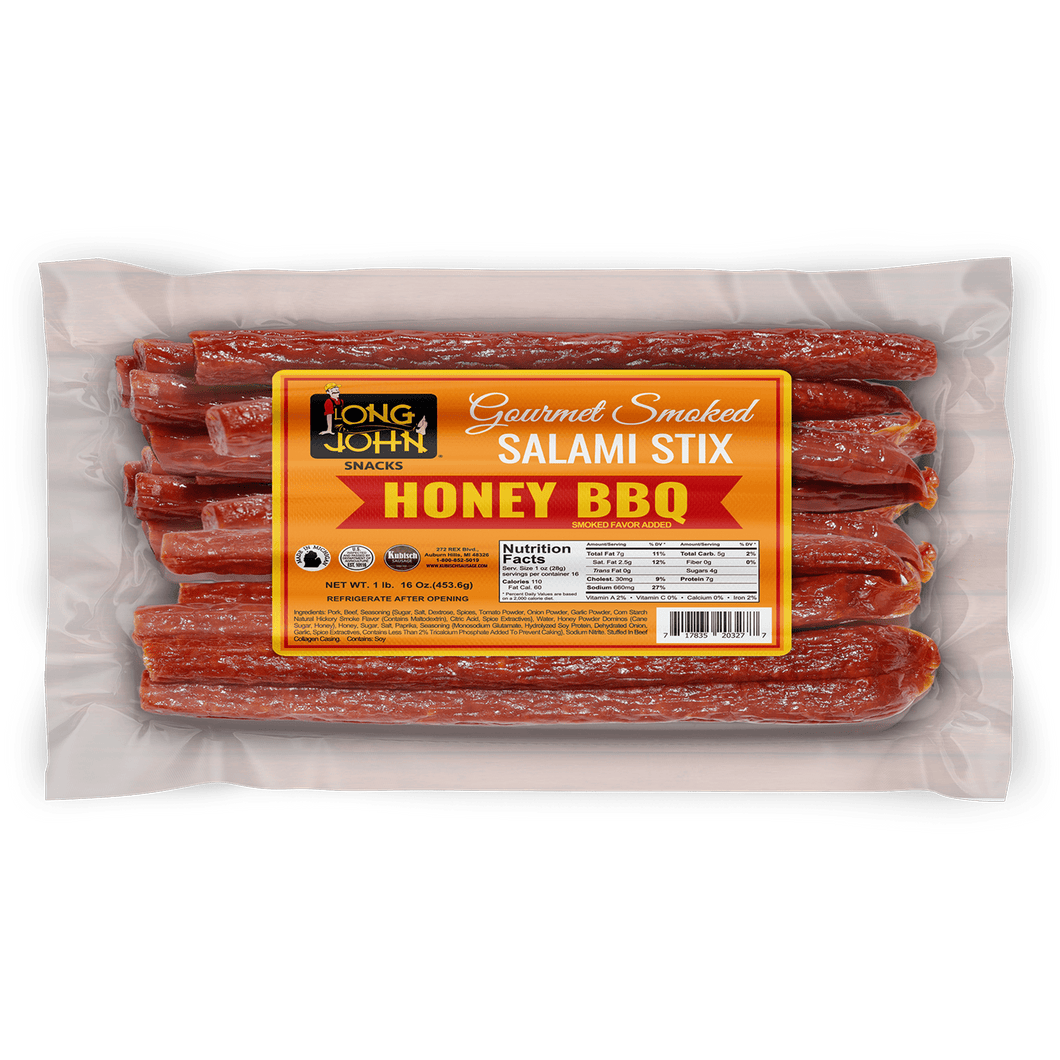 Long John Honey BBQ Salami Stix front of package.