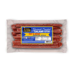 Hot and spicy hunter style salami stix front of package