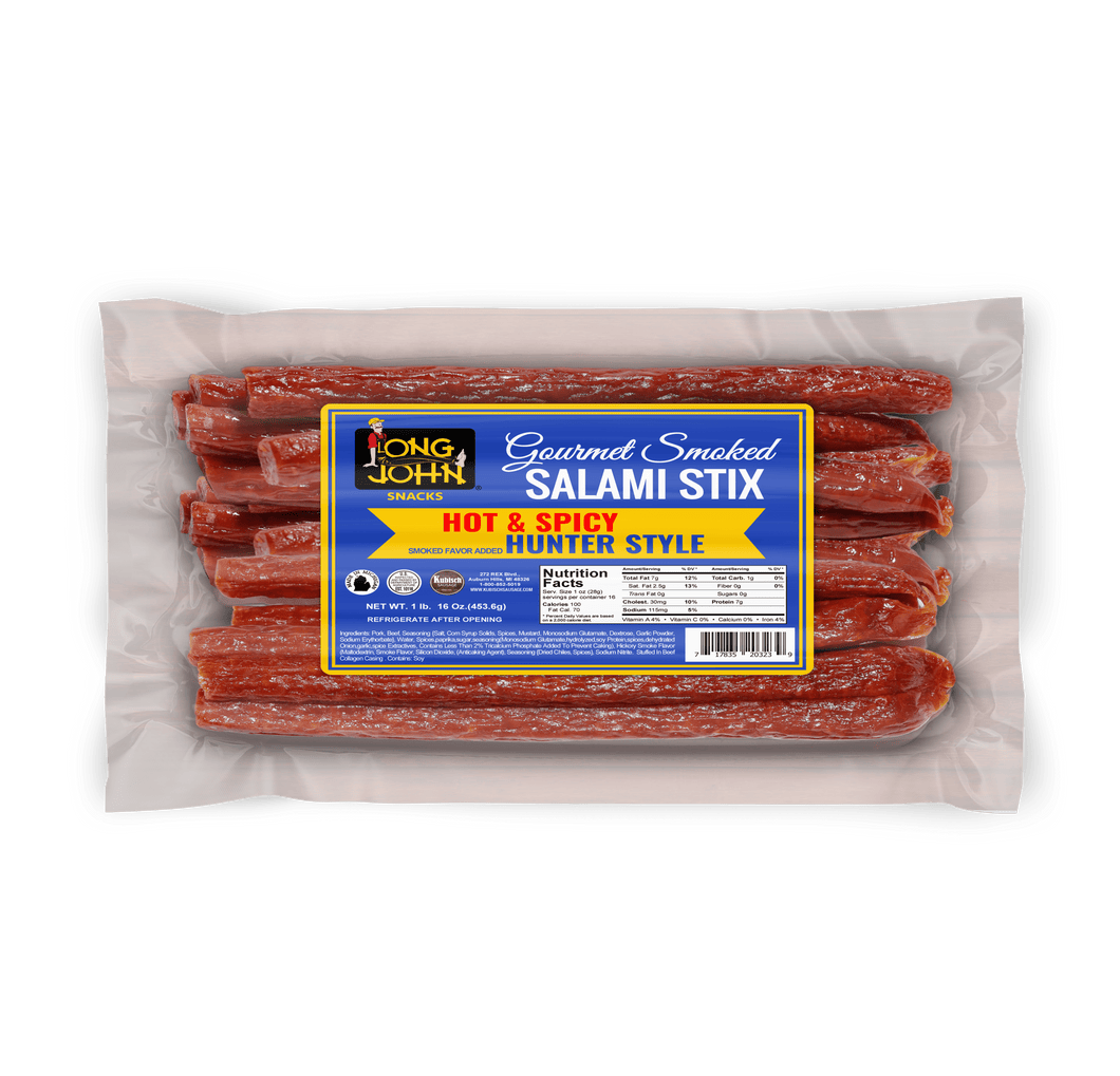 Hot and spicy hunter style salami stix front of package