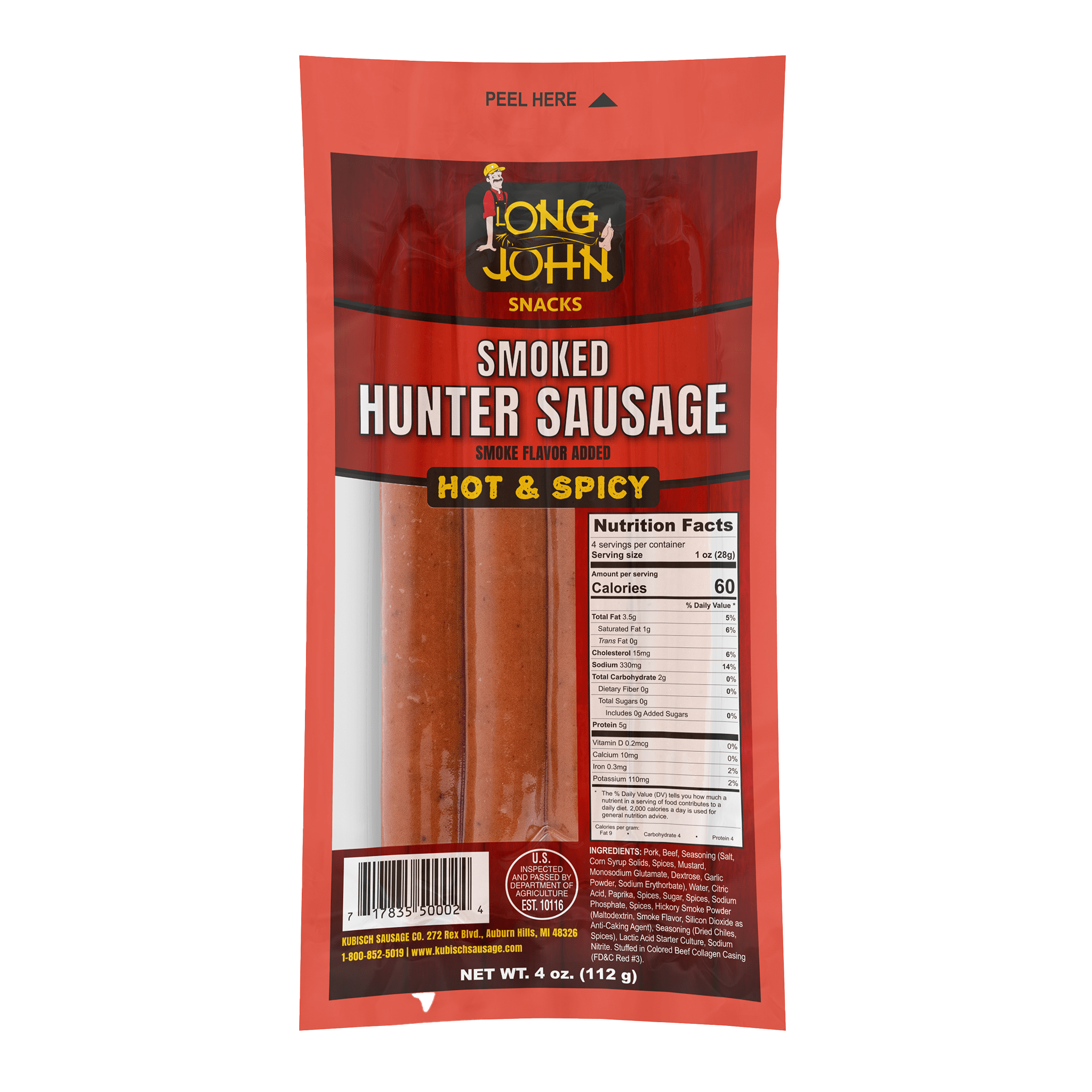 Long John Hot Hunter Sausage front of package.
