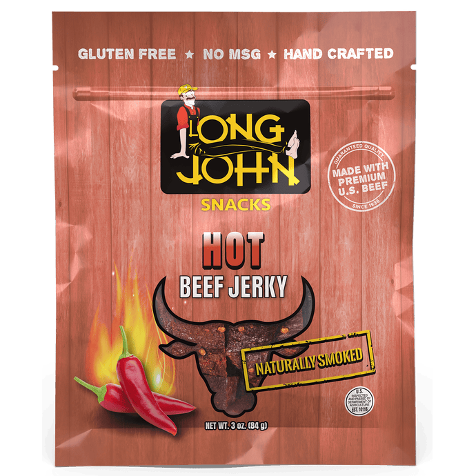 Long John Hot Beef Jerky front of package. 