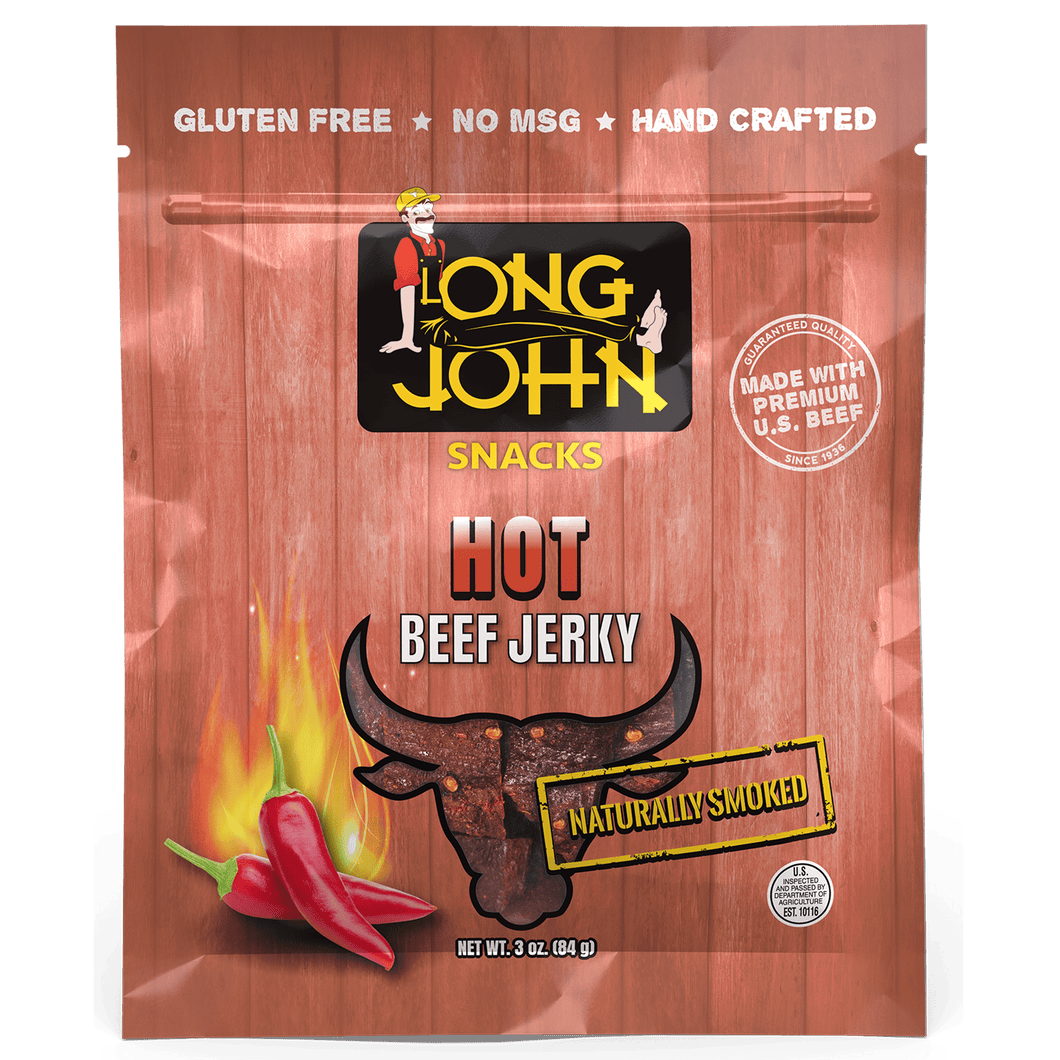 Long John Hot Beef Jerky front of package. 
