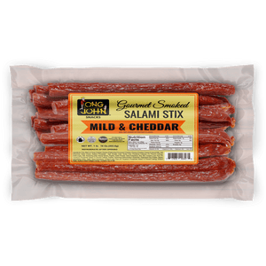 Long John Mild Cheddar Salami Stix front of package.