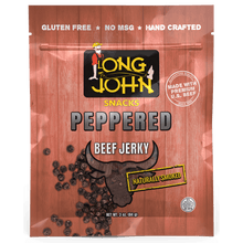 Load image into Gallery viewer, Long John Peppered Beef Jerky front of package. 
