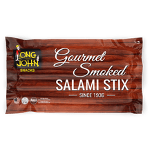 Load image into Gallery viewer, Long John Gourmet Salami Stix back of package.
