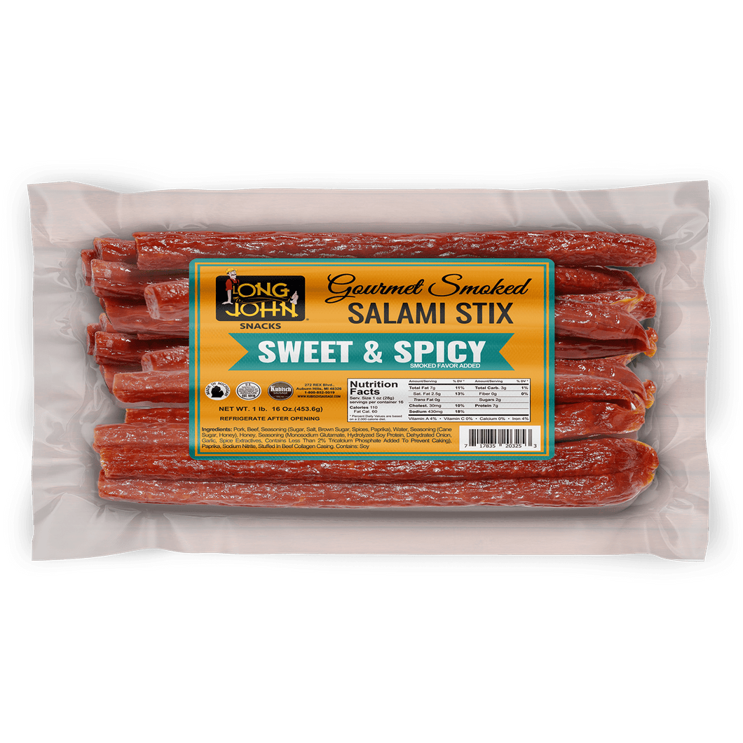 Long John Sweet and Spicy Salami Stix front of package.
